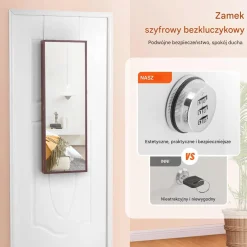 Szafa na biżuterię z lustrem LED 108cm montaż ścienny zamykana brązowa