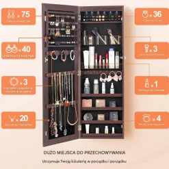 Szafa na biżuterię z lustrem LED 108cm montaż ścienny zamykana brązowa