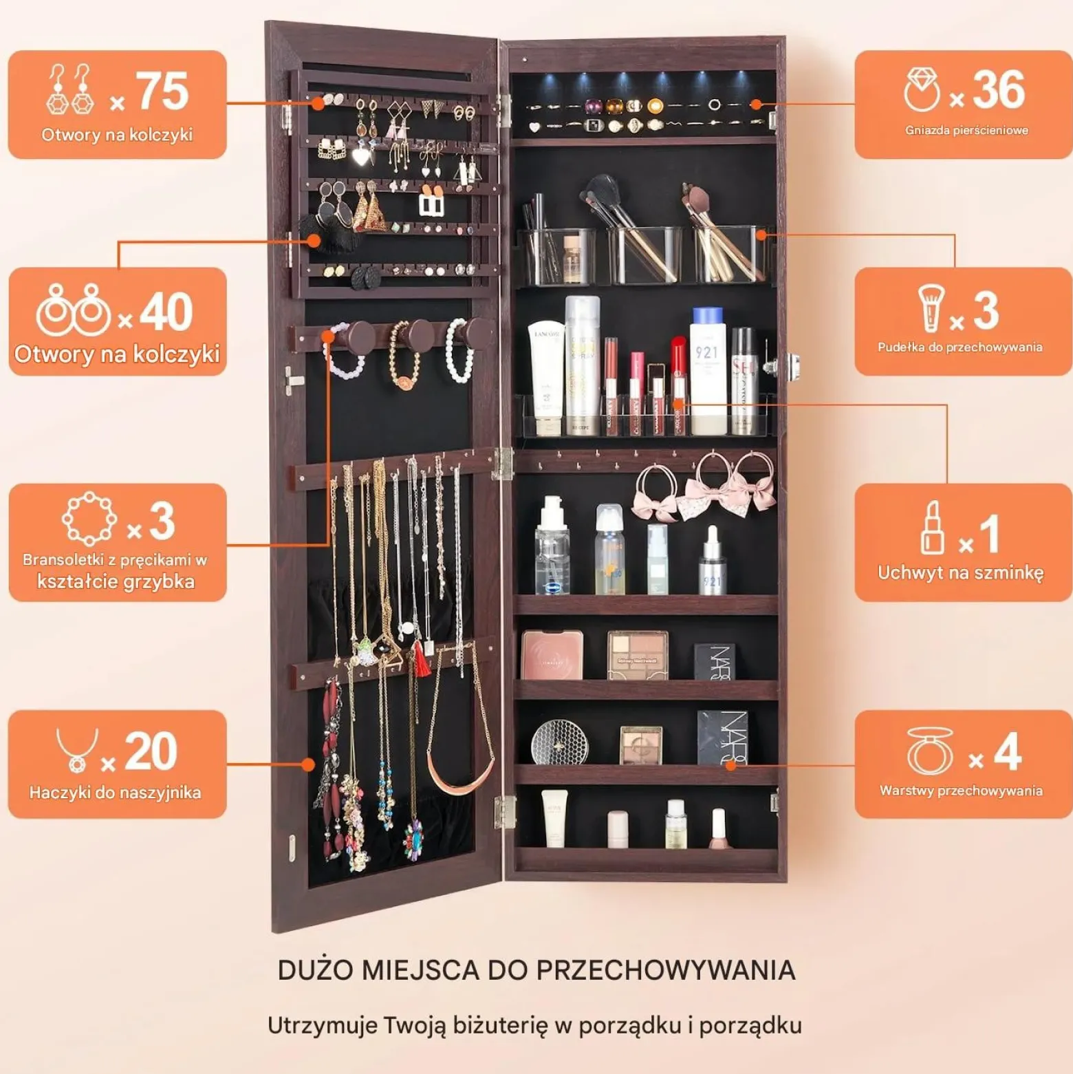 Szafa na biżuterię z lustrem LED 108cm montaż ścienny zamykana brązowa