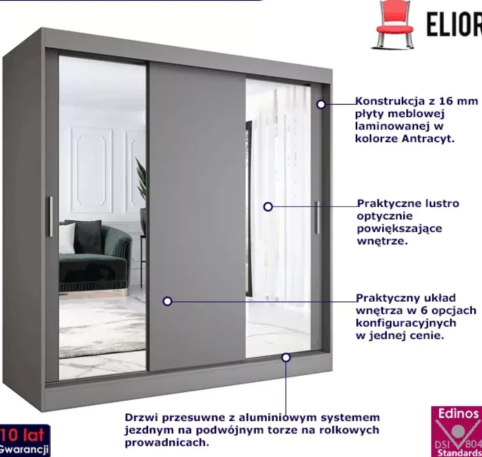 Szafa przesuwna antracyt 200 cm - Maeno