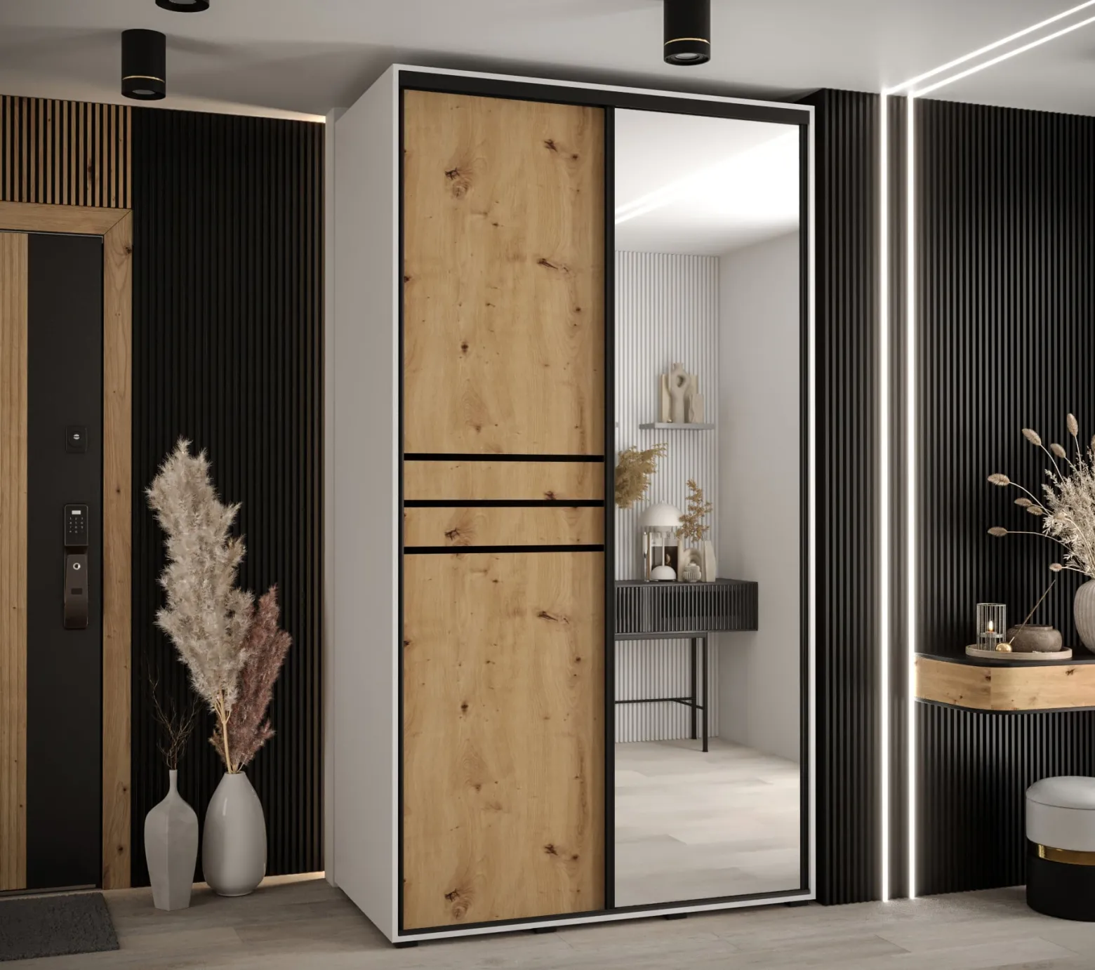 Szafa przesuwna 60 wysoka Davos 11 130 biały+artisan+czarny