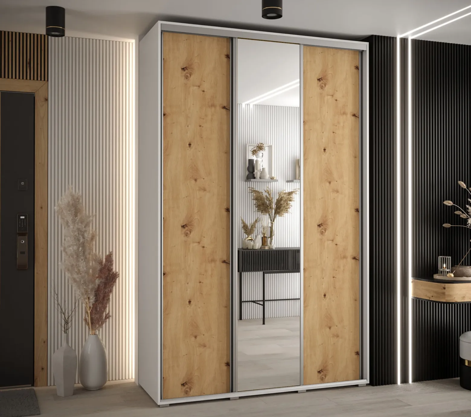Szafa przesuwna 45 wysoka Davos 3 150 biały+artisan+srebrny