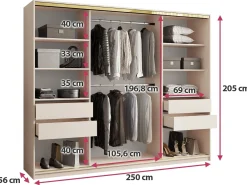 Szafa przesuwna z lustrem 250 cm GOLD NEW trzydrzwiowa szafa z szufladami