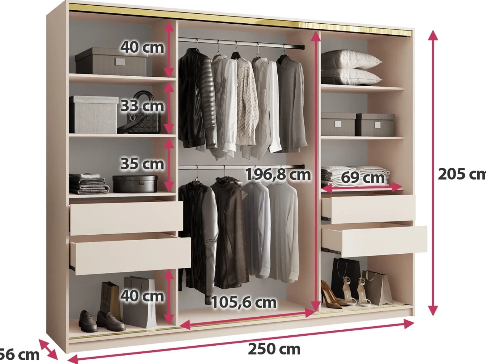 Szafa przesuwna z lustrem 250 cm GOLD NEW trzydrzwiowa szafa z szufladami