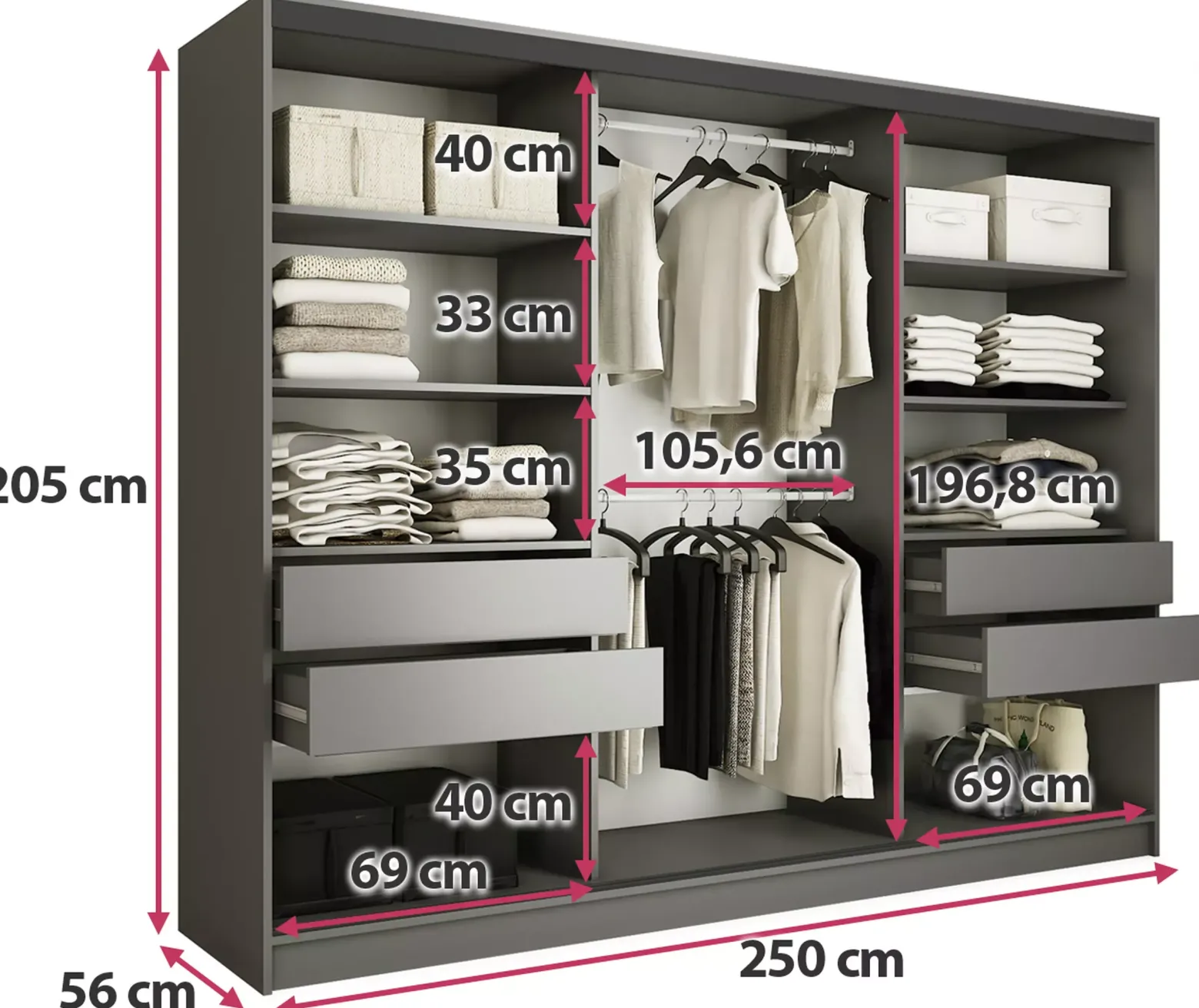 Szafa przesuwna z lustrem 250 cm LOFT z półkami