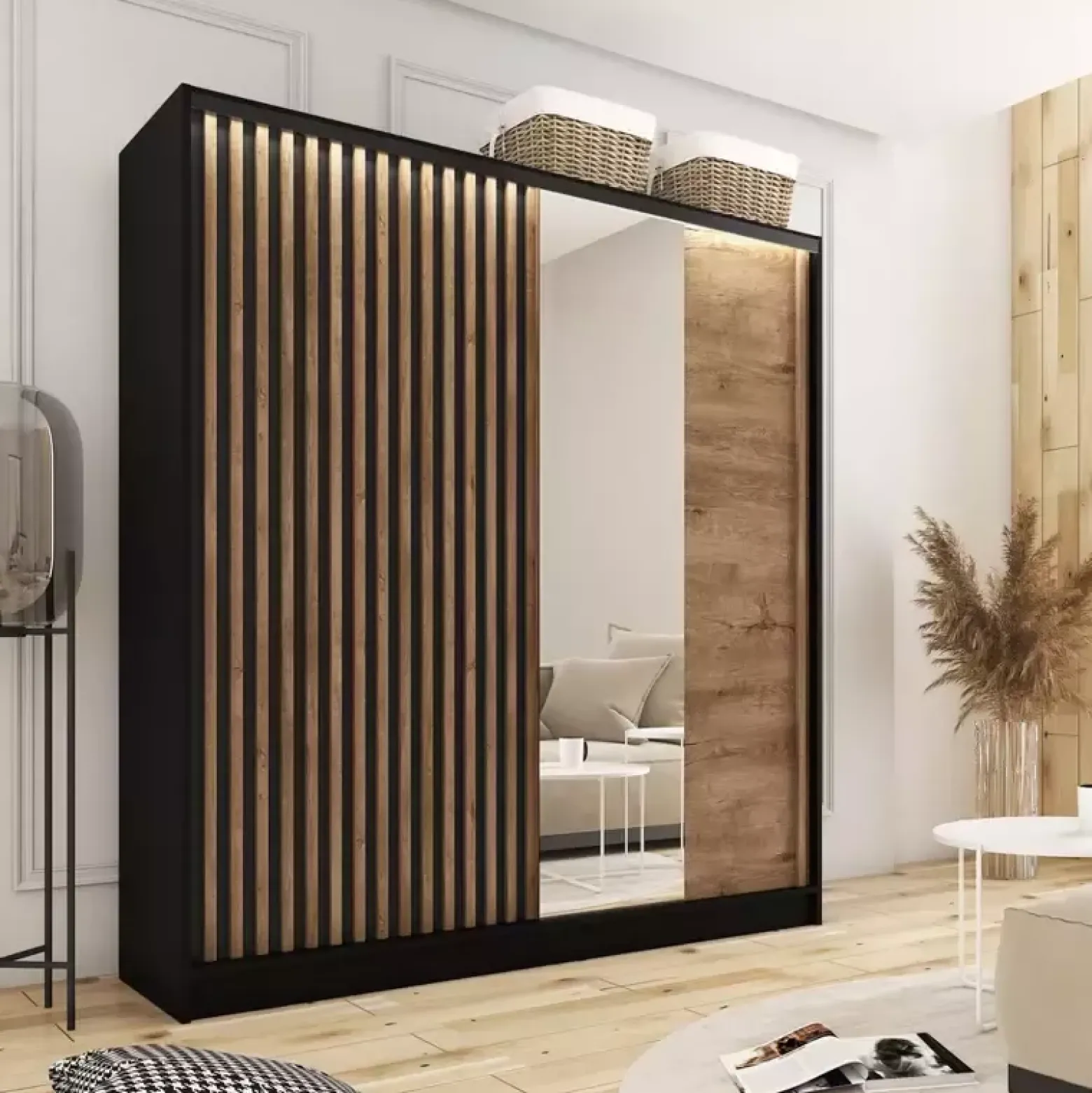 Szafa przesuwna z lustrem i lamelami 180 cm LAMEL 3D Lefkas