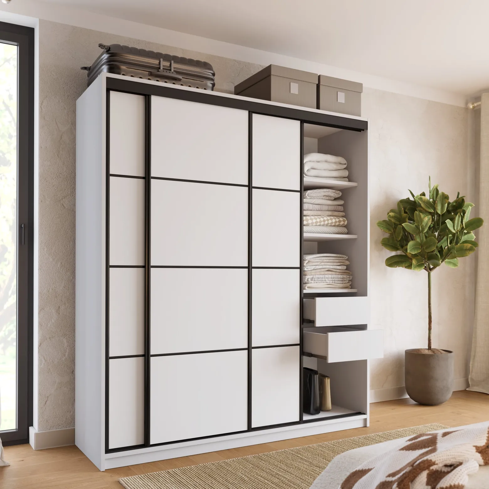Szafa przesuwna z szufladami 180 cm biała LOFT