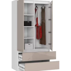 Szafa S 90 cm 2 drzwi 2 szuflady - biała-cappuccino połysk