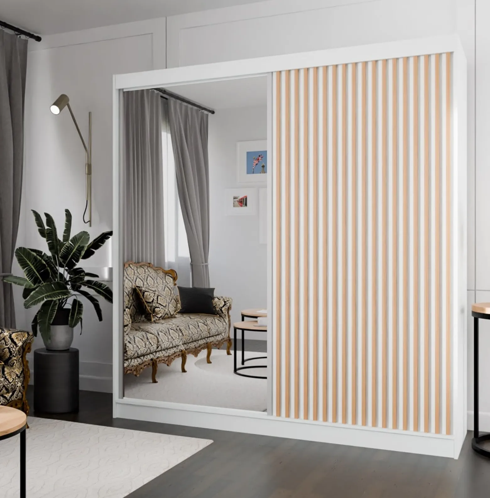 Szafa z lamelami i lustrem 200 cm - biała + lam. craft złoty