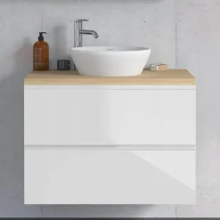 Szafka Łazienkowa Wisząca Biała z Blatem Dąb Złoty 60 cm Front Połysk