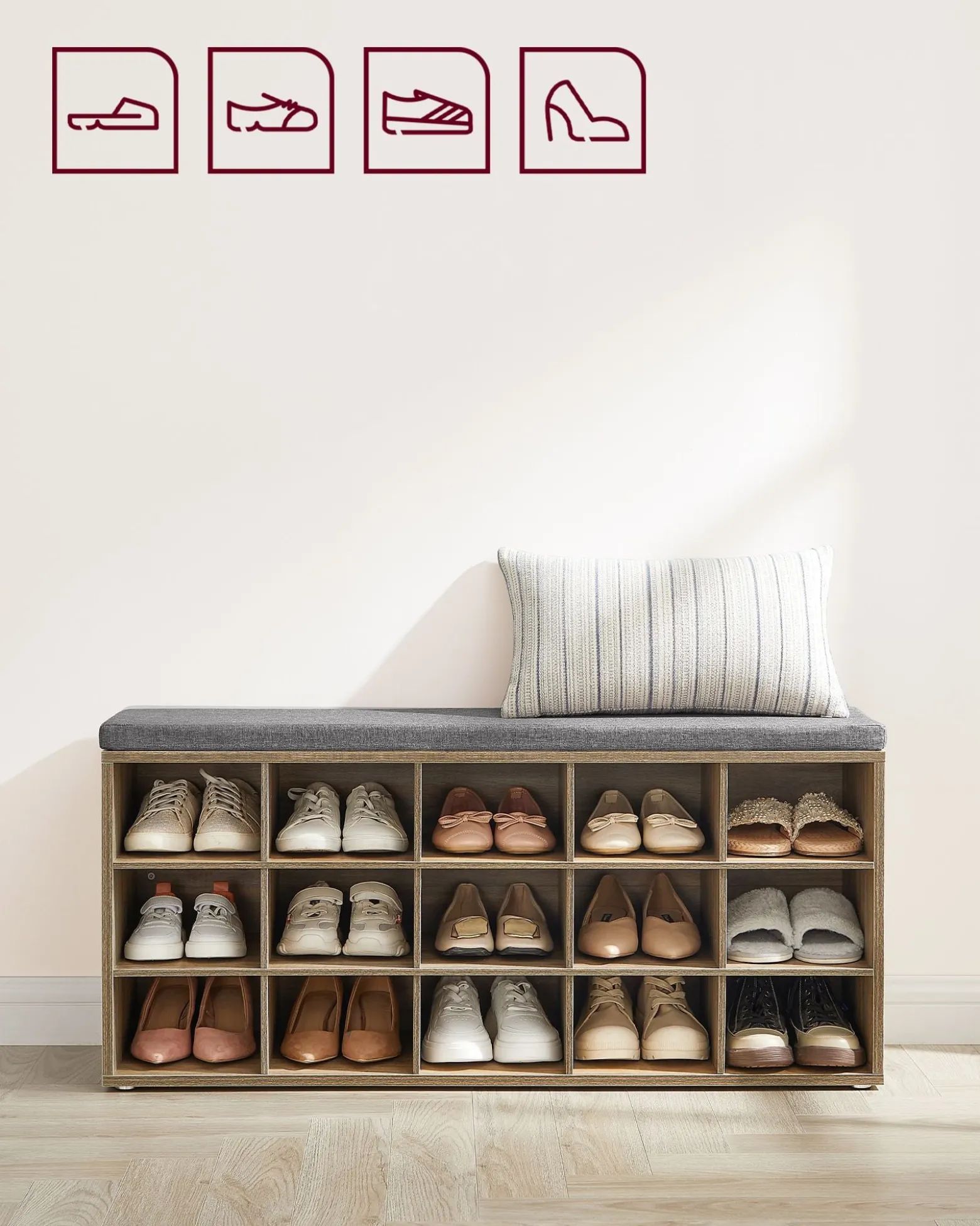 Szafka na buty z siedziskiem 15 półek dąb 105x48x30 cm