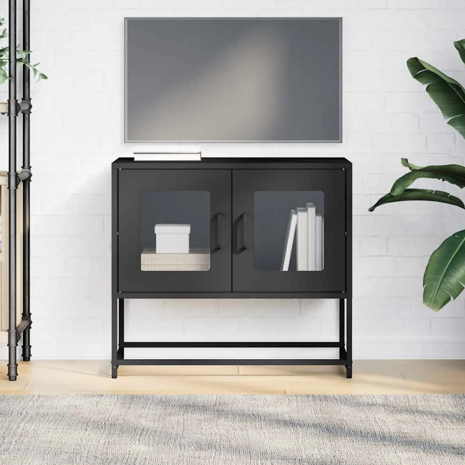 Szafka Pod Telewizor Czarna Półka Szafka RTV Stalowa 68x39x60.5 cm