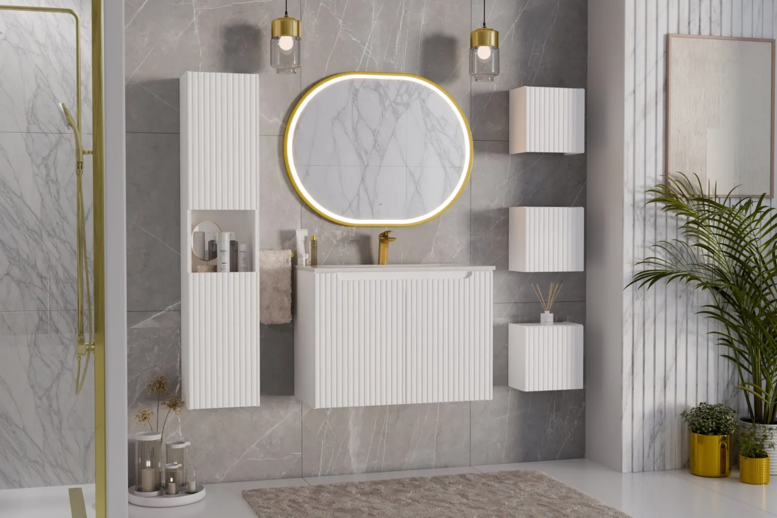 Szafka Pod Umywalkę 80 cm BIAŁA BLAT DĄB RYFLE 2D NOVA WHITE
