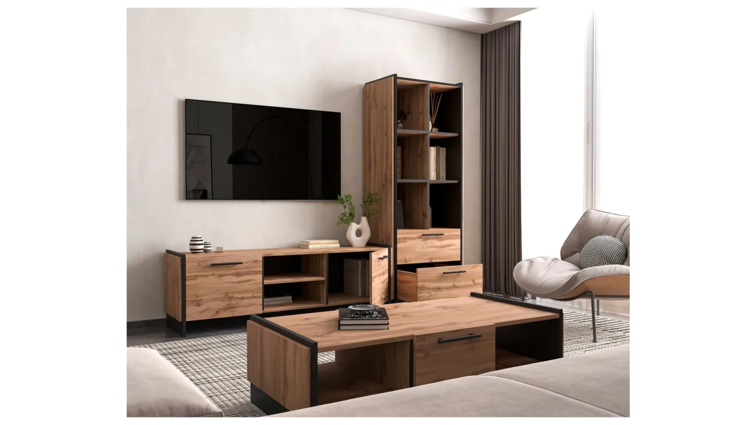 Szafka RTV Amino 159 cm z 2 drzwiami dąb wotan/czarny