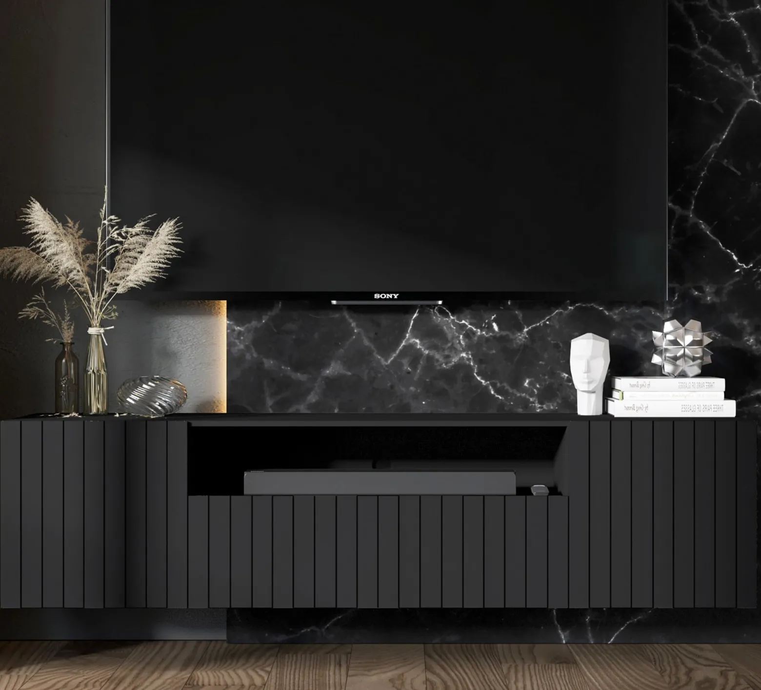 Szafka RTV wisząca Glamour Komoda RTV Czarny Mat 150 cm