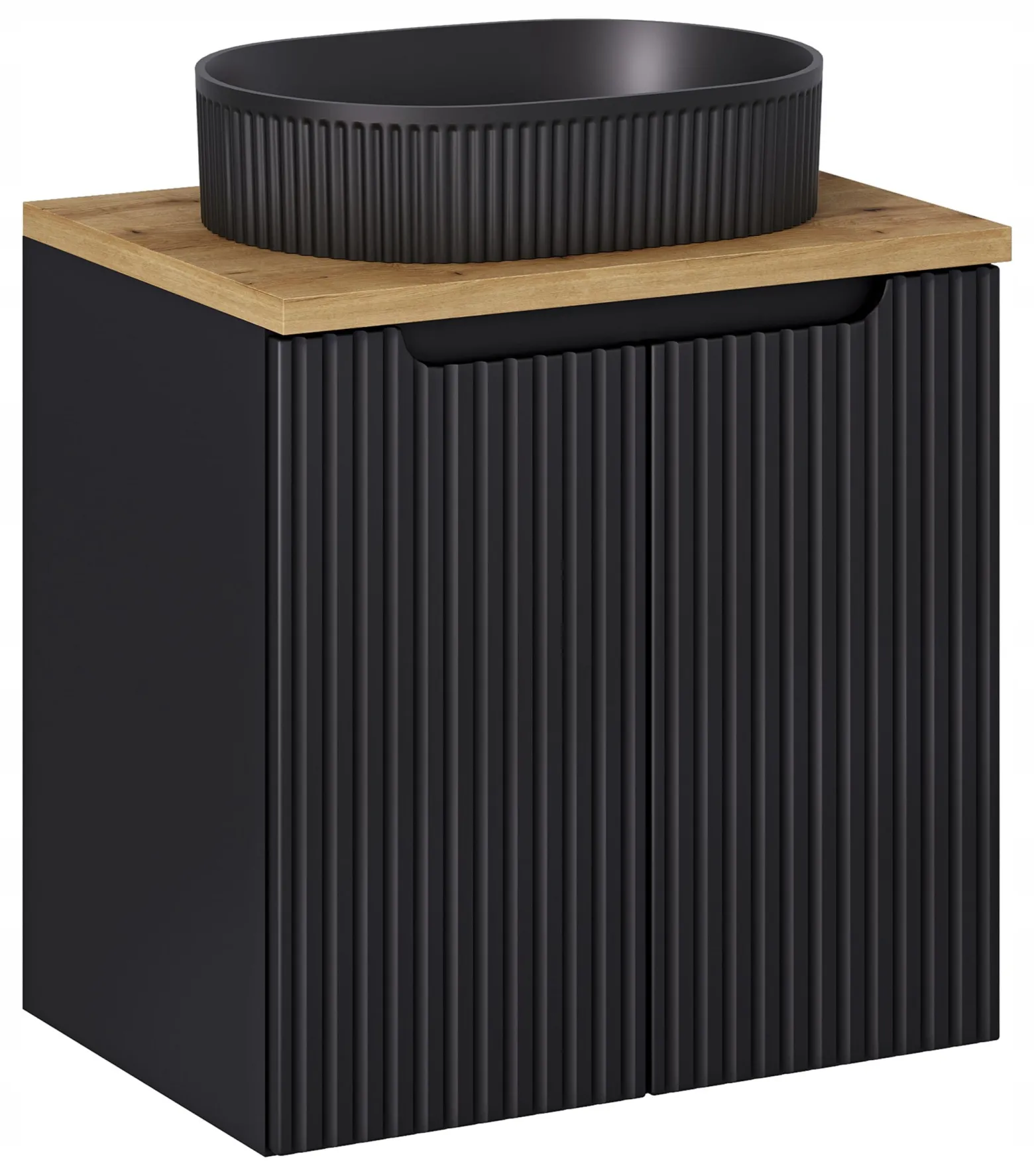 Szafka Z Umywalką 60 cm BLAT DĄB 2 Drzwi Ryfle NOVA BLACK