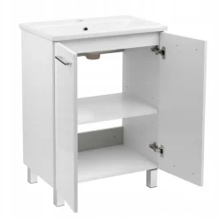Szafka Łazienkowa Biała Stojąca z Umywalką 60 x 40 cm Połysk Bateria Boczna