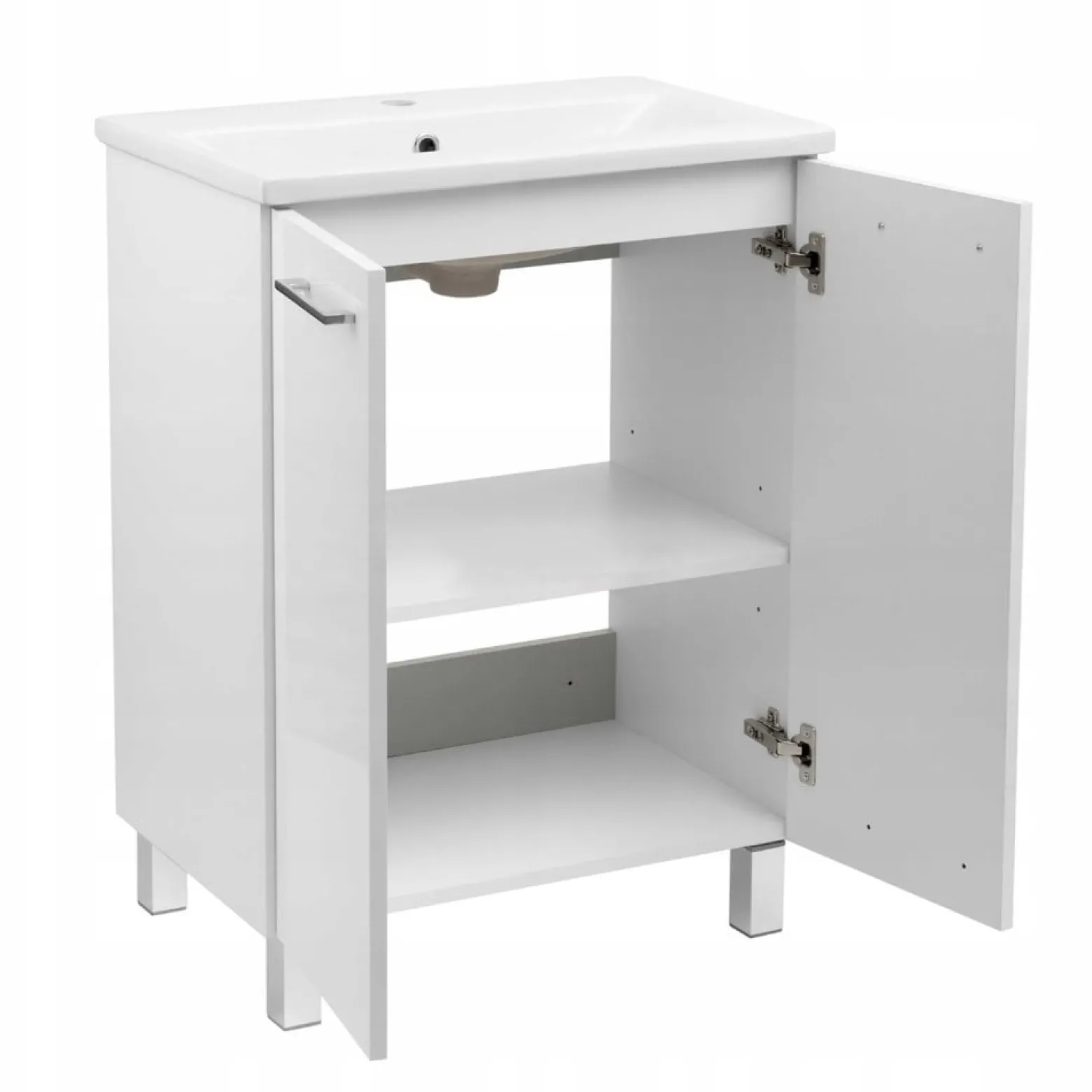 Szafka Łazienkowa Biała Stojąca z Umywalką 60 x 40 cm Połysk Bateria Boczna