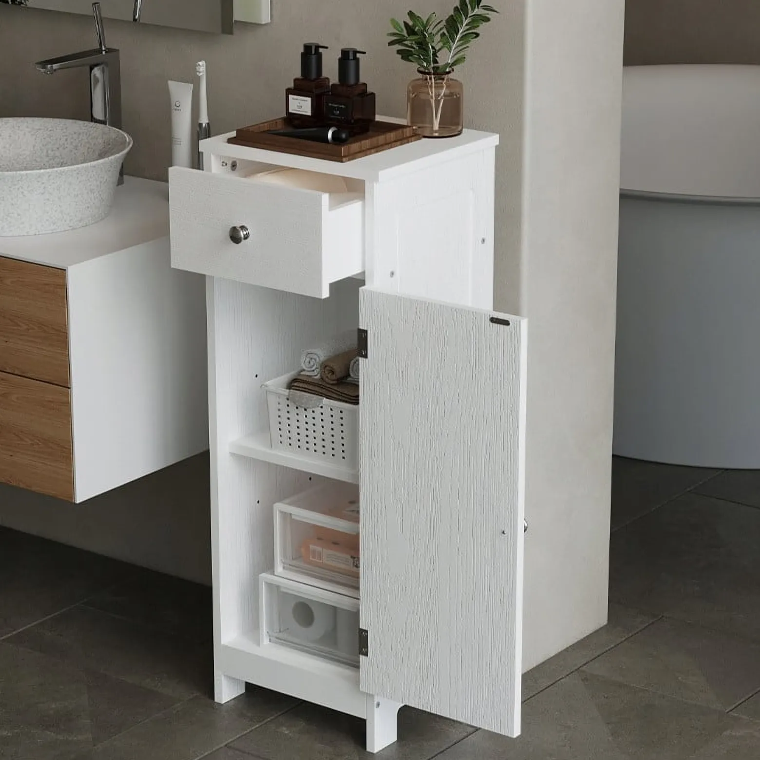 Szafka łazienkowa słupek drzwi biała wysoka 2 półki z szufladą loft 87 cm