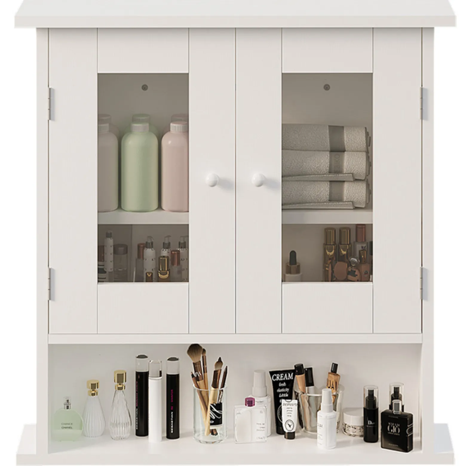 Szafka łazienkowa wisząca biała 2-drzwiowa szklana ścienna loft półki 58 cm