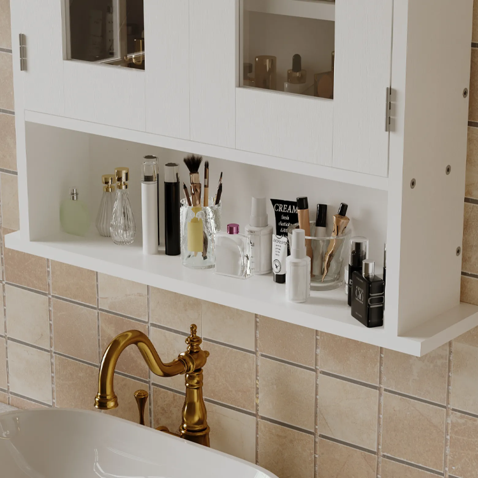 Szafka łazienkowa wisząca biała 2-drzwiowa szklana ścienna loft półki 58 cm