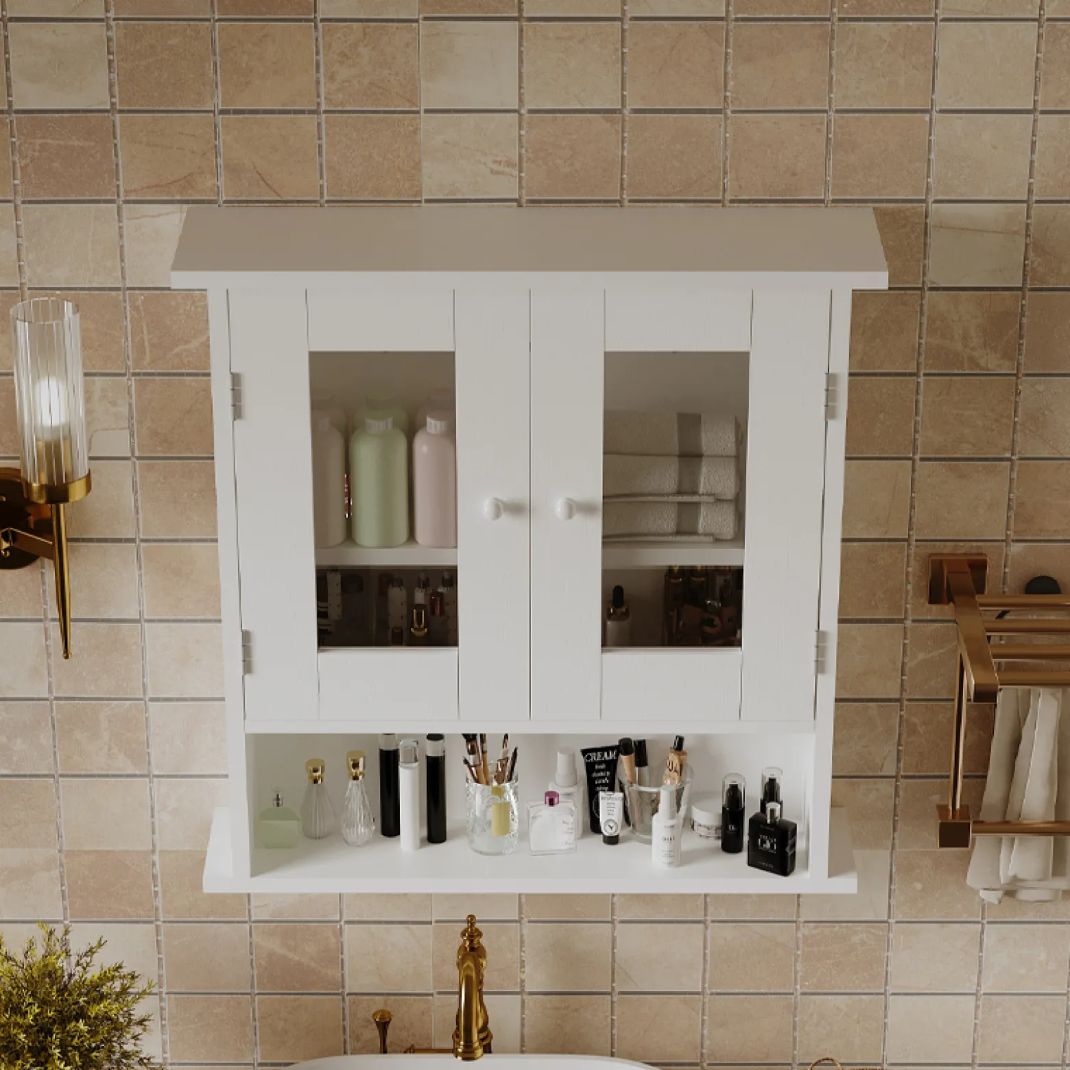 Szafka łazienkowa wisząca biała 2-drzwiowa szklana ścienna loft półki 58 cm
