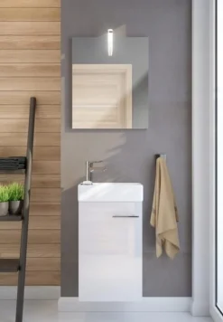 Szafka łazienkowa z umywalką i baterią 50cm biała wisząca połyskowa