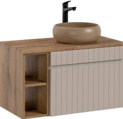 Szafka 60 cm ICONIC CASHMERE z umywalką WIKI MC i regałem