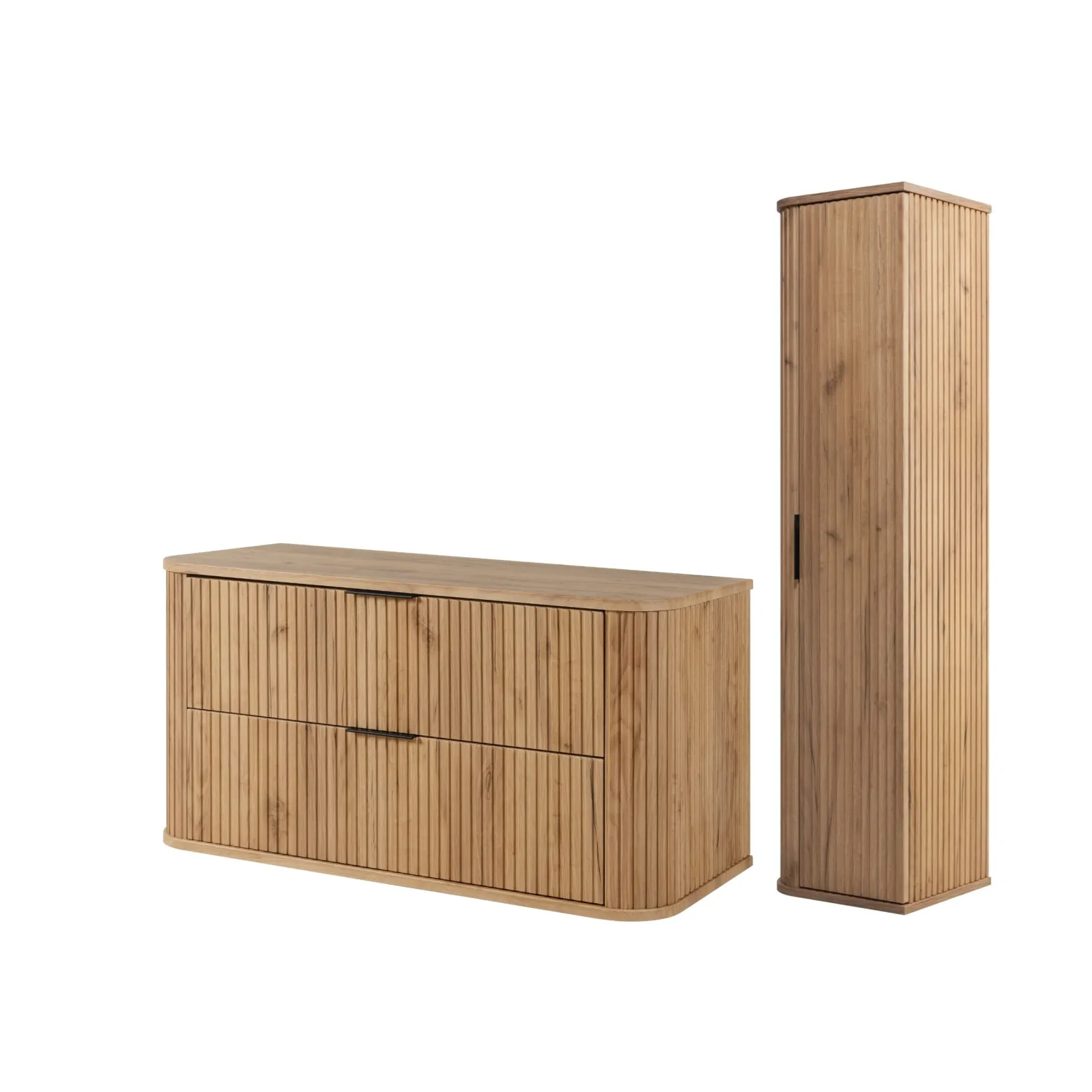 Szafka 100 Cm + Słupek 139 Cm Zestaw Łazienkowy Wiszący Dąb Fronty Mdf