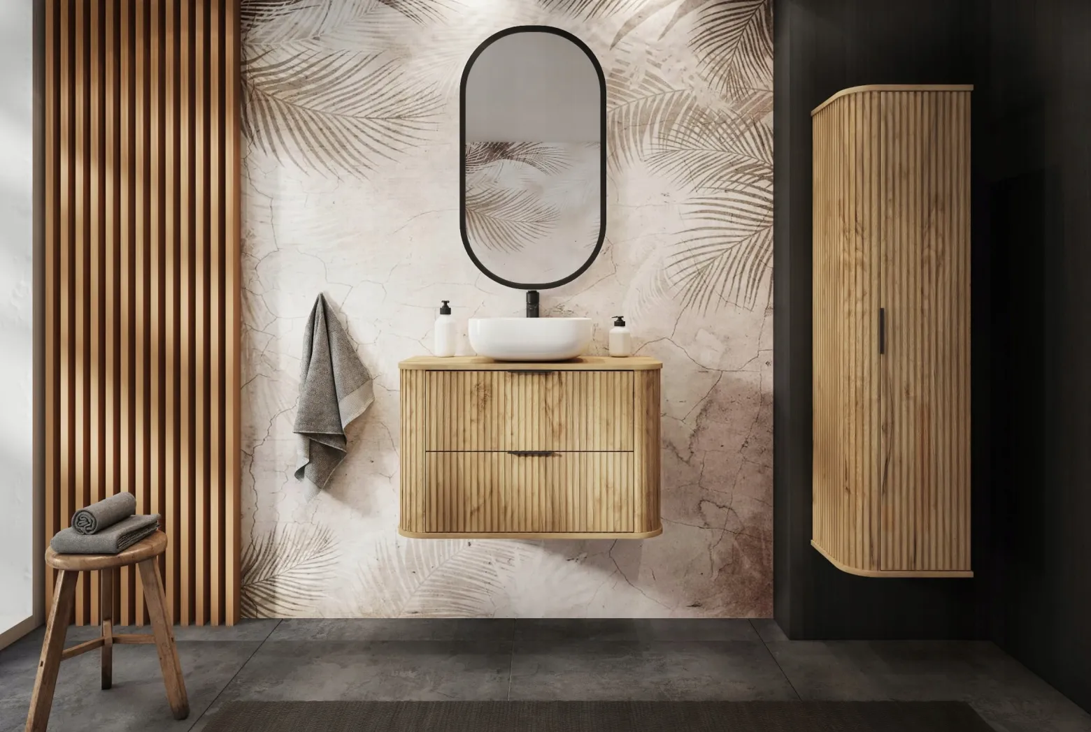 Szafka 100 Cm + Słupek 139 Cm Zestaw Łazienkowy Wiszący Dąb Fronty Mdf
