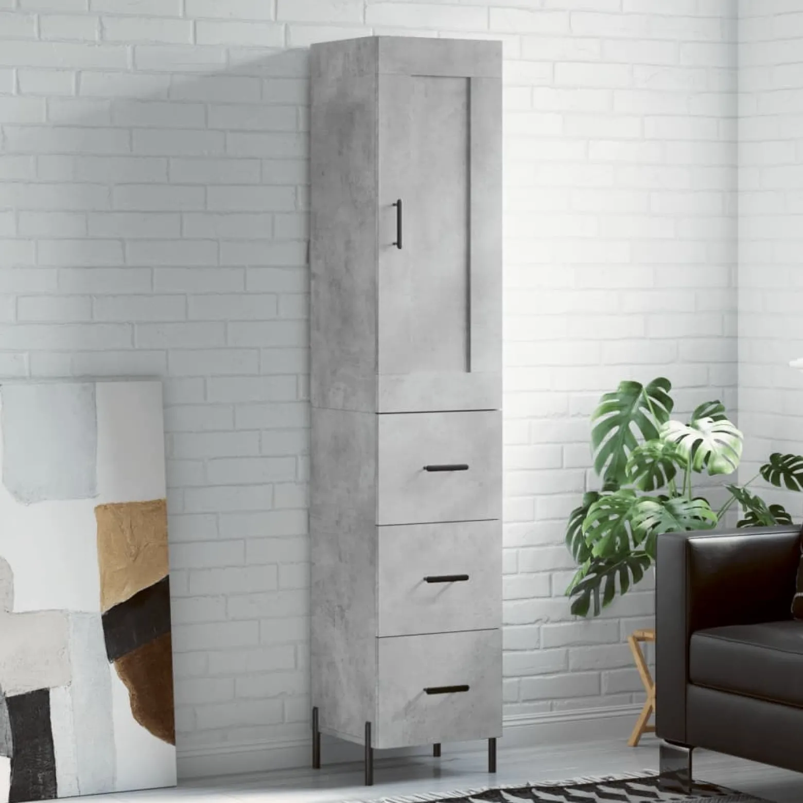 Szafka Komoda Regał Szara Beton z Drzwiami 34.5x34x180 cm do Salonu Pokoju