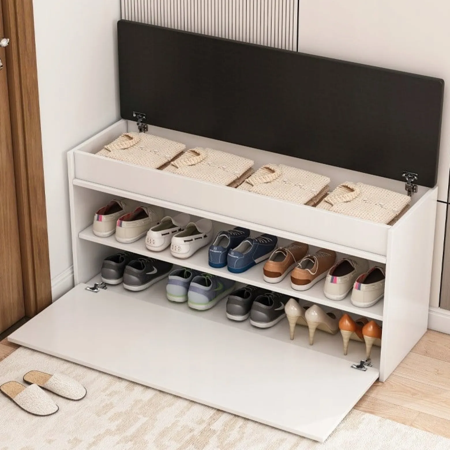 Szafka na buty biała z siedziskiem schowkiem duża 2 półki otwierana 100 cm