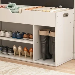 Szafka na buty otwierana z siedziskiem drewniana z półkami skandynawska