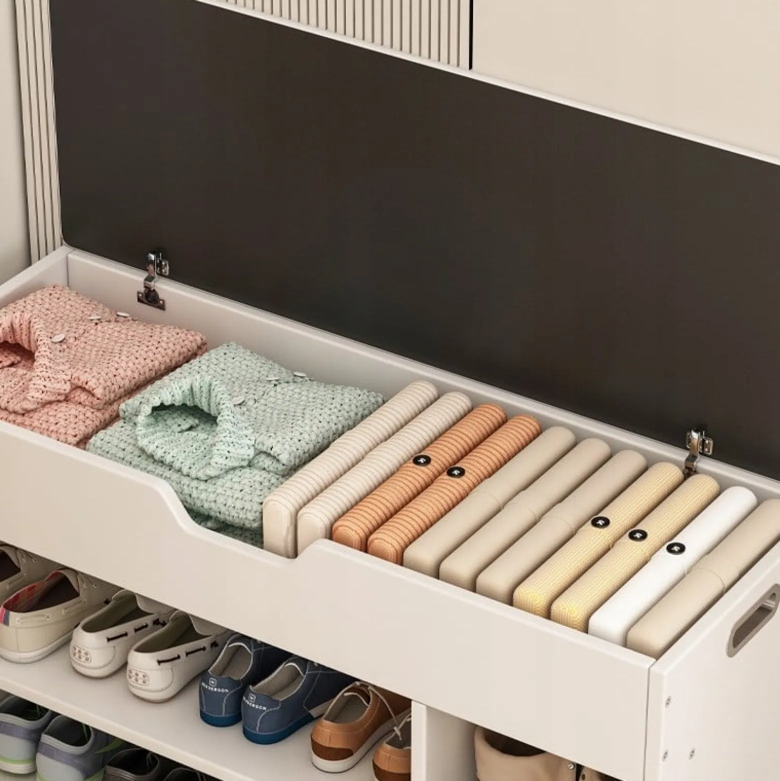 Szafka na buty otwierana z siedziskiem drewniana z półkami skandynawska