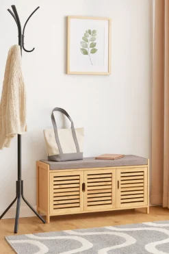 Szafka na Buty z Siedziskiem do Przedpokoju Schowek Bambusowa 50x90x35Szara