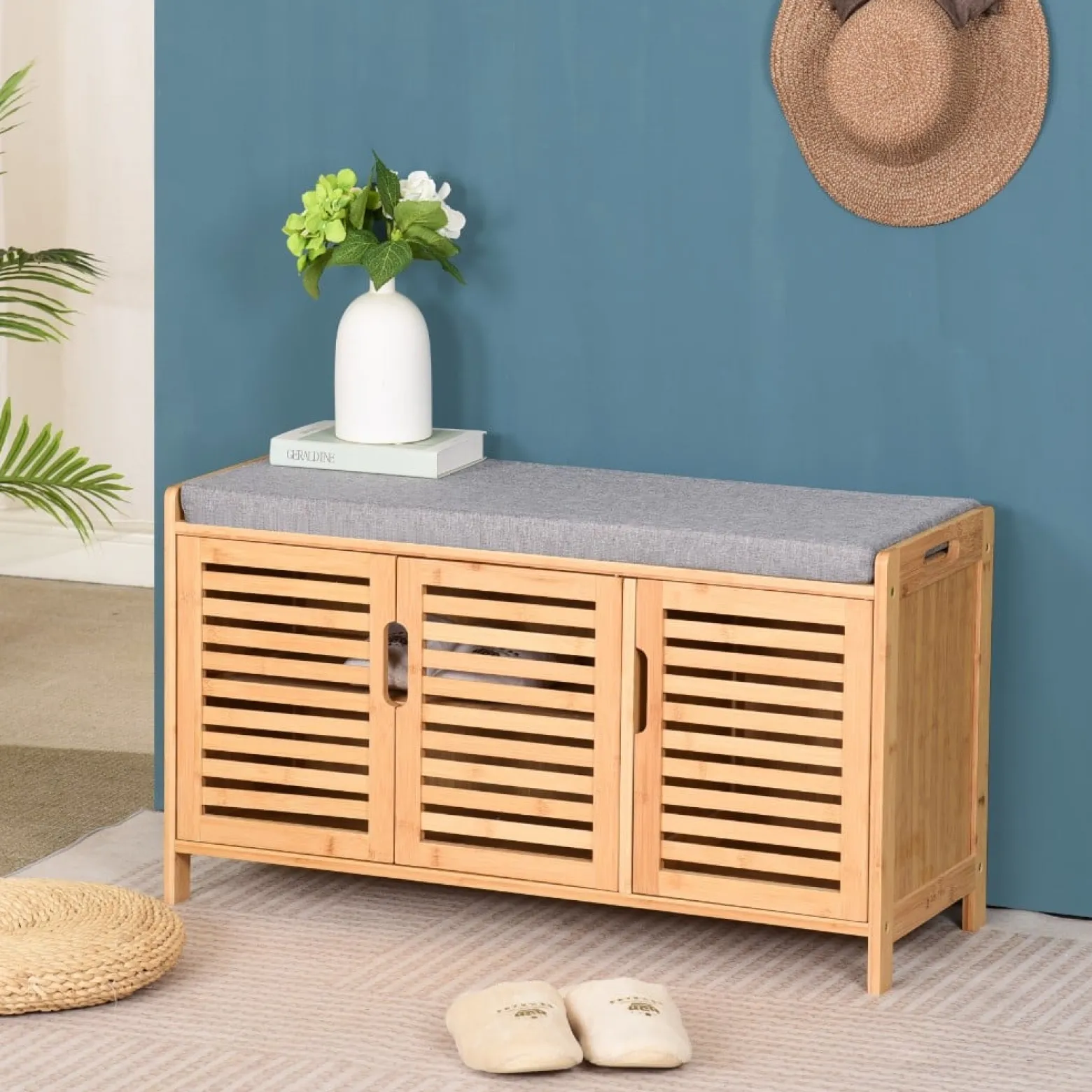 Szafka na Buty z Siedziskiem do Przedpokoju Schowek Bambusowa 50x90x35Szara