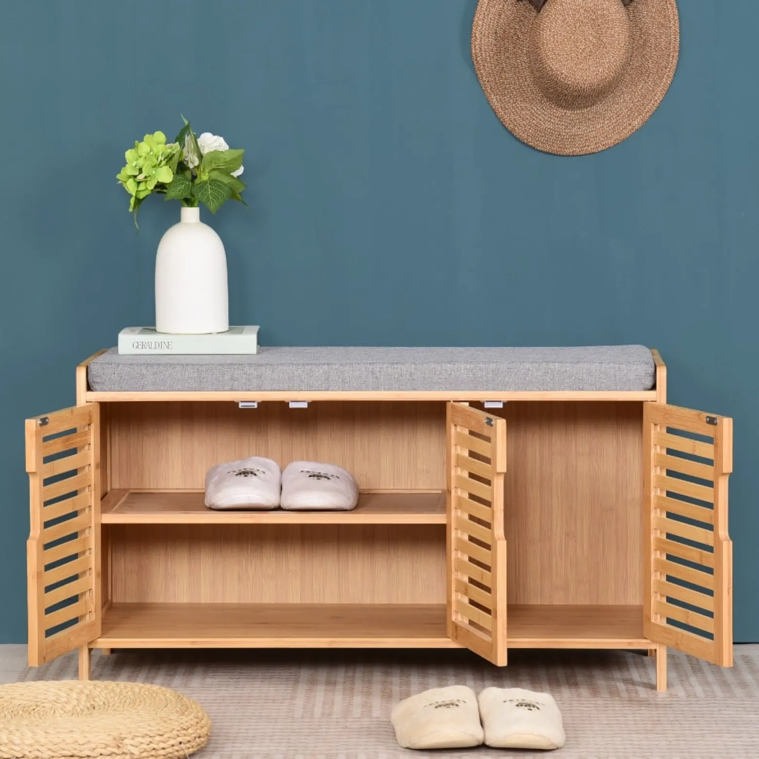 Szafka na Buty z Siedziskiem do Przedpokoju Schowek Bambusowa 50x90x35Szara