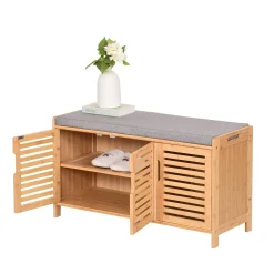 Szafka na Buty z Siedziskiem do Przedpokoju Schowek Bambusowa 50x90x35Szara