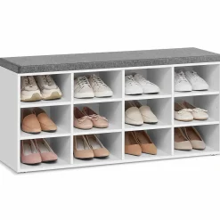 Szafka na buty z siedziskiem 12 półek biała z szarą poduszką 104 cm