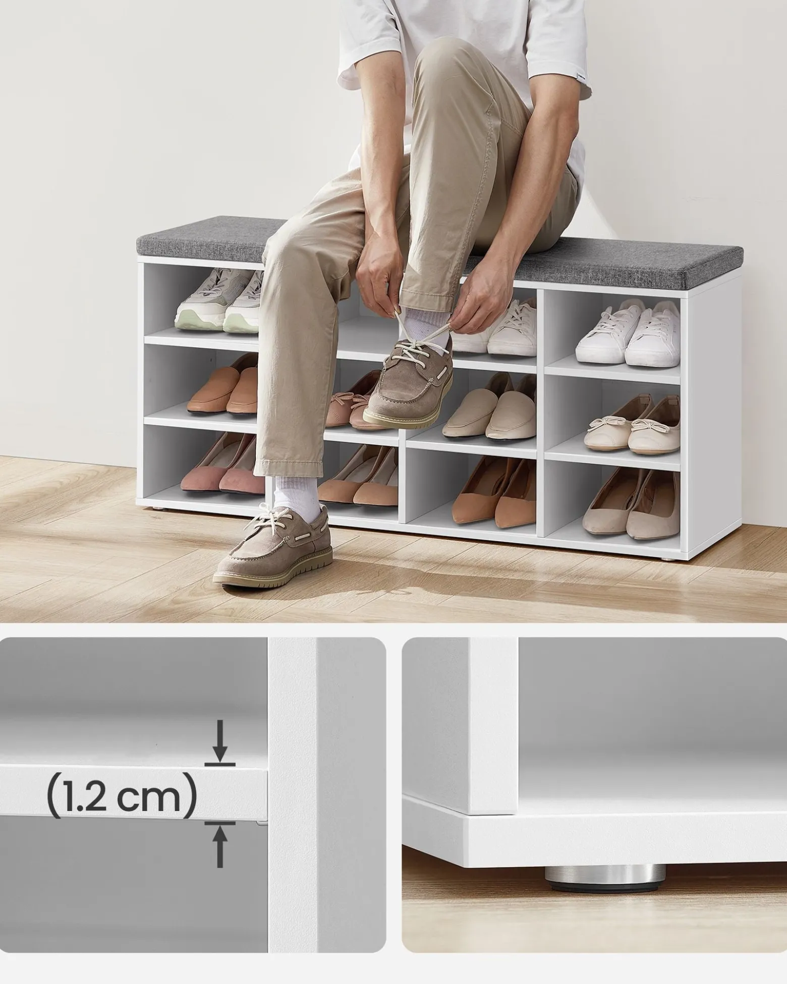 Szafka na buty z siedziskiem 12 półek biała z szarą poduszką 104 cm