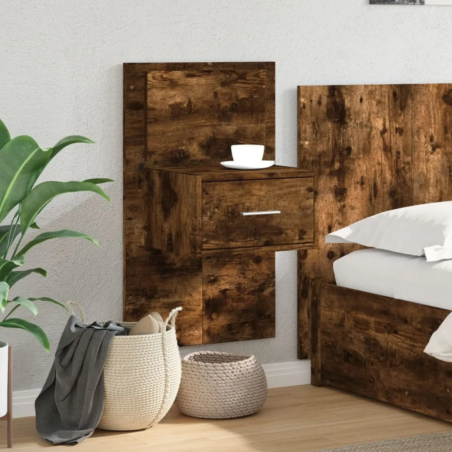 Szafka Nocna Brązowa z Szufladą Wisząca z LED Do Sypialni 48,5x32,5x80 cm