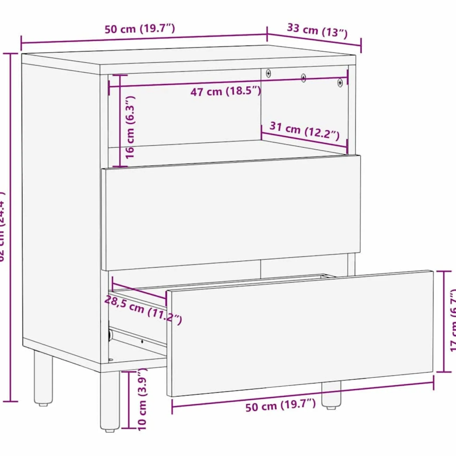Szafka Nocna Drewniana Komoda Stolik Nocny Do Sypialni 50 x 33 x 62