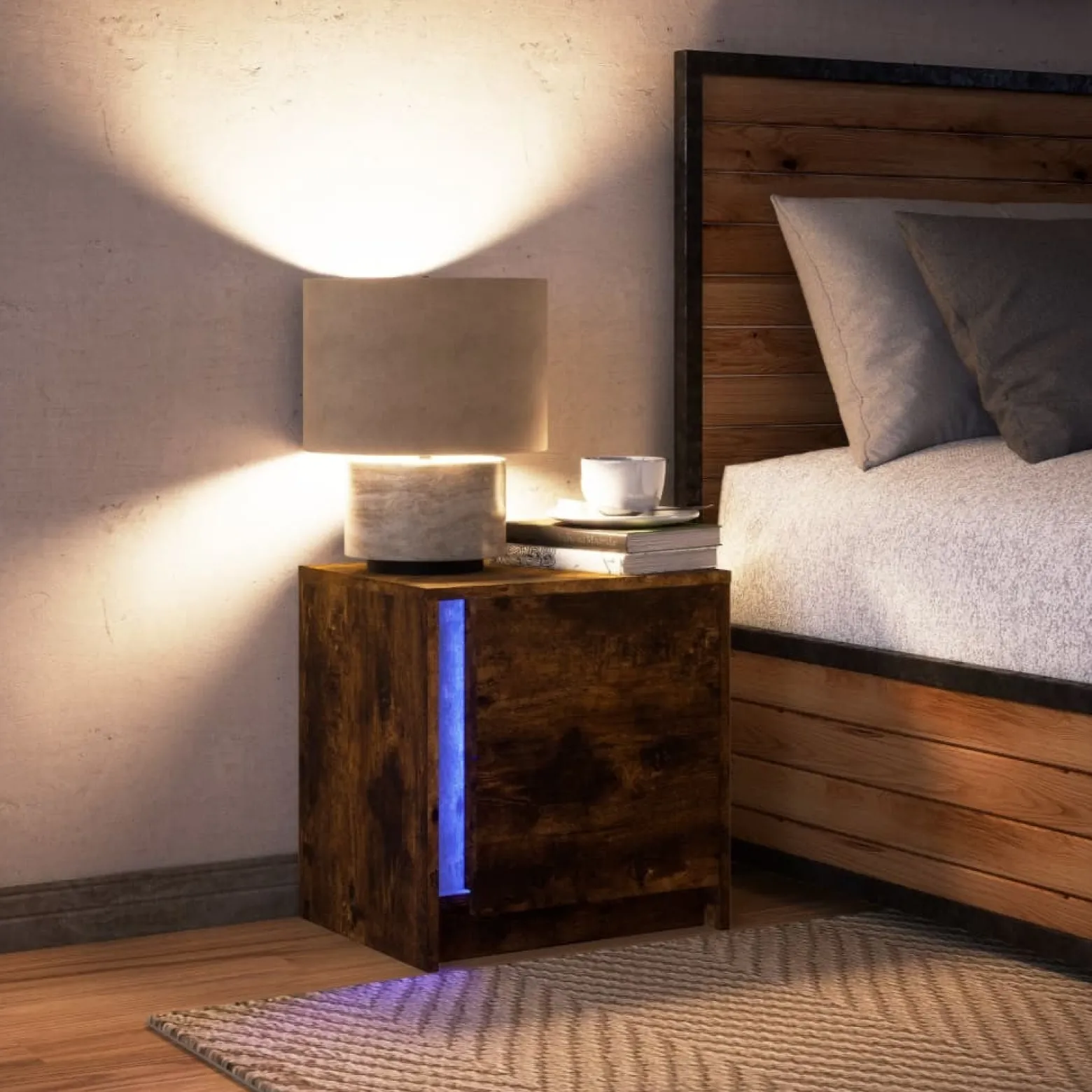 Szafka Nocna Stolik Komoda Brązowa z Szufladą z LED Do Sypialni 43x34x45 cm