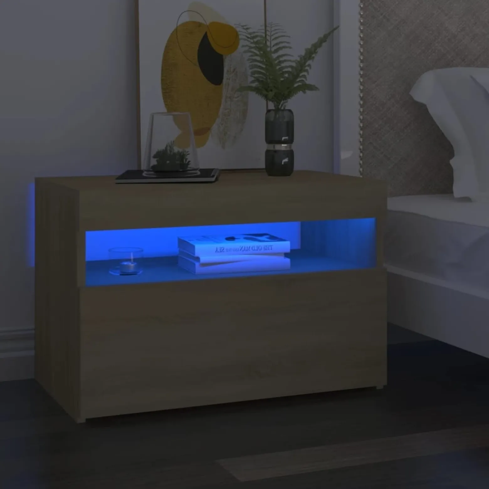 Szafka Nocna Stolik Komoda Szara z LED Do Sypialni 60x35x40 cm