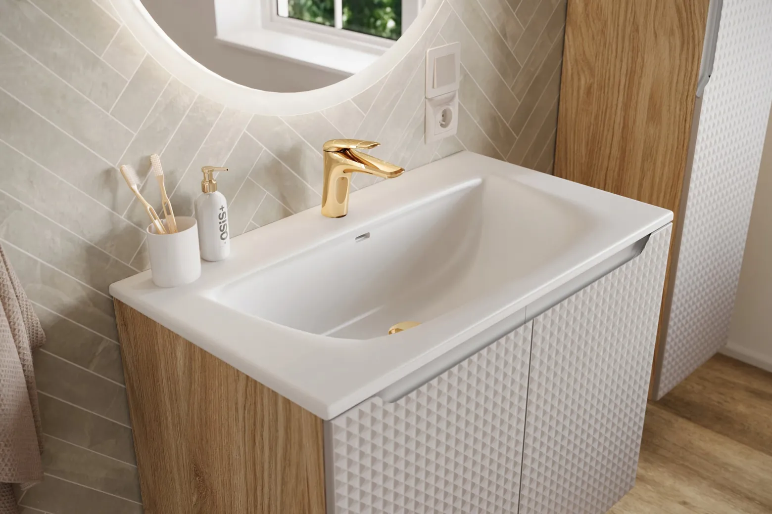 Szafka Pod Umywalkę 80 cm BEŻOWA DĄB Wisząca 2S MDF 3D LUXOR