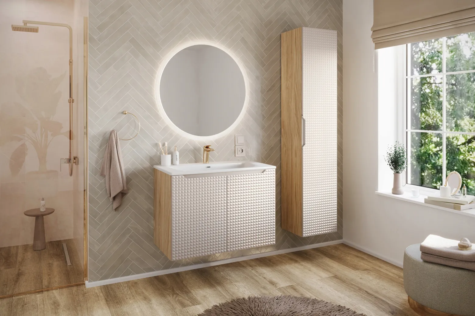 Szafka Pod Umywalkę 80 cm BEŻOWA DĄB Wisząca 2S MDF 3D LUXOR