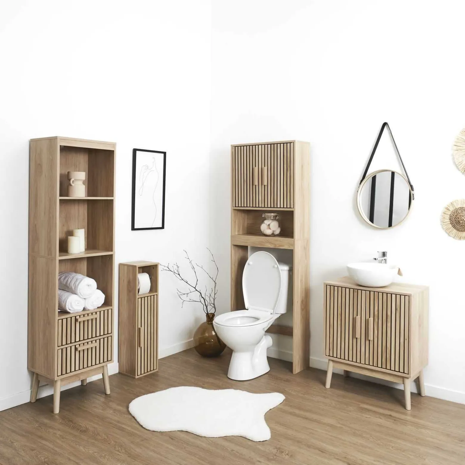 Szafka pod umywalkę LINEA 60x30x70 cm lamele dekor dąb 2-drzwiowa