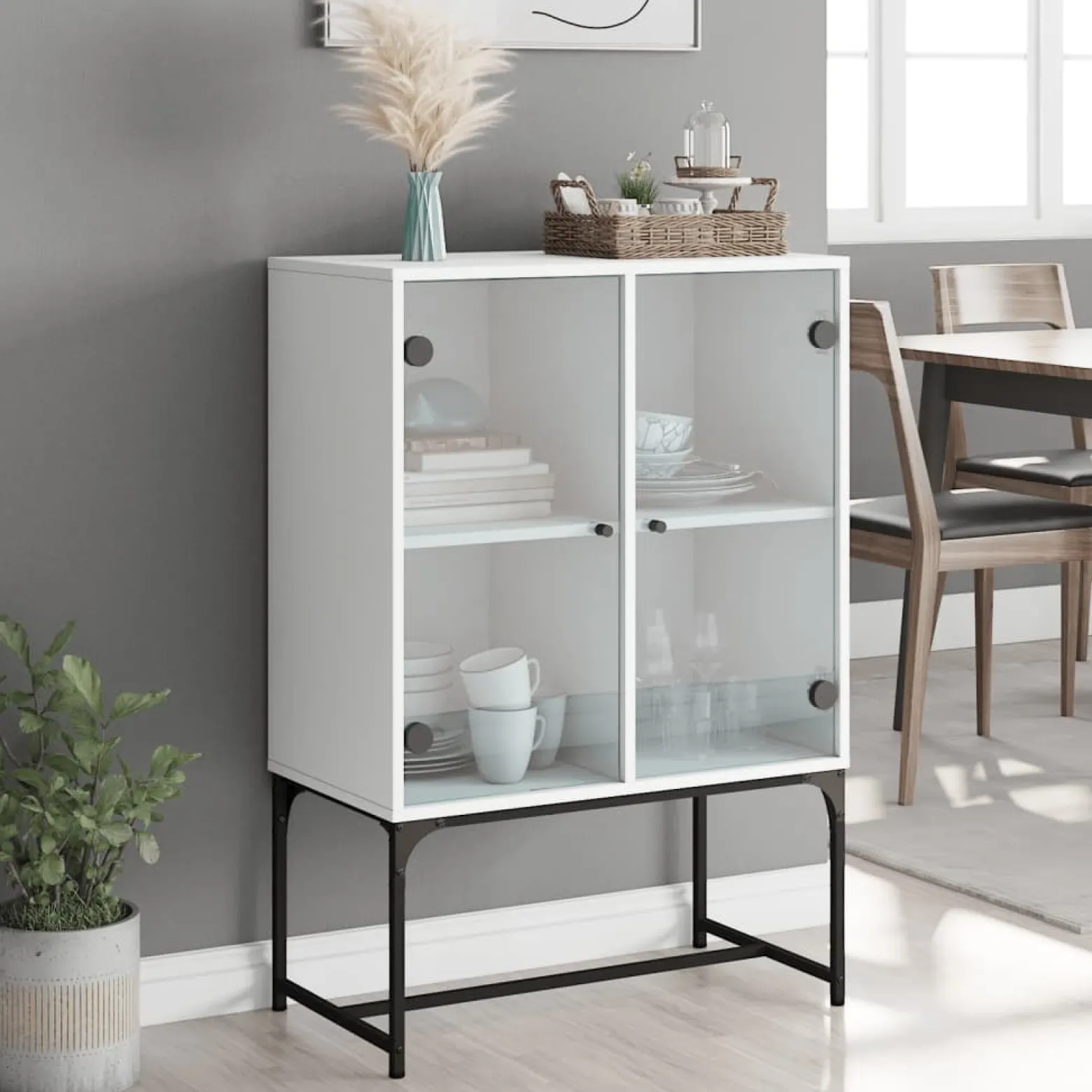 Szafka Regał Biała z Drzwiami Szklanymi 69x37x100 cm do Salonu
