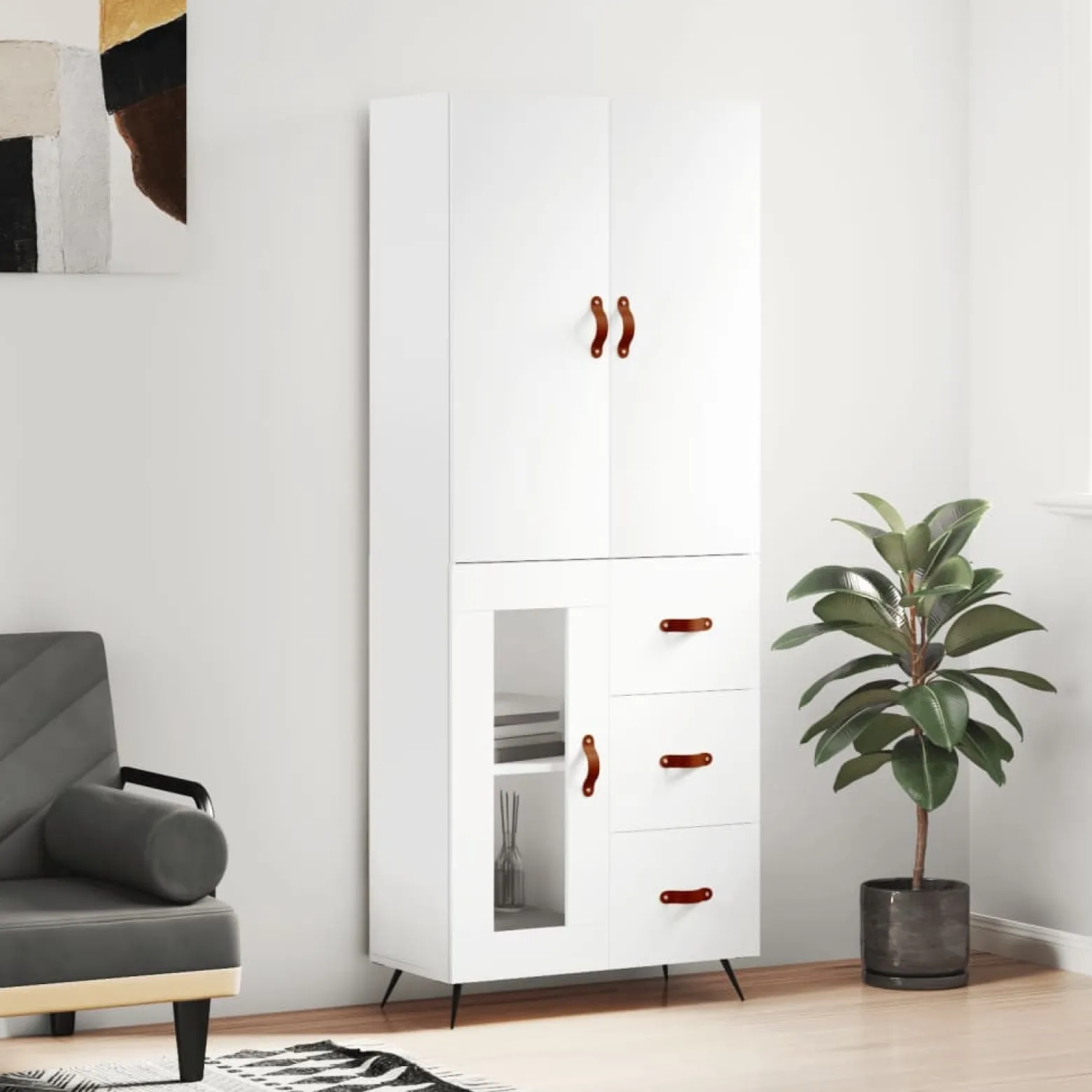 Szafka Regał Witrynka Biała z Drzwiami Szklanymi 69.5x34x180 cm do Salonu
