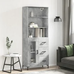 Szafka Regał Witrynka Szara Beton z Drzwiami Szklanymi 69.5x34x180 cm